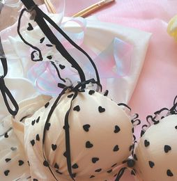 Cute girls underwear love heart lingerie panty small breasts gathered bra set without steel ring bralette