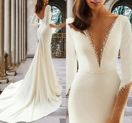 Mermaid Beads Women Wedding Dress Sexy V Neck Backless Long Sleeve Formal Bridal Gowns Custom Made Vestidos de Novia