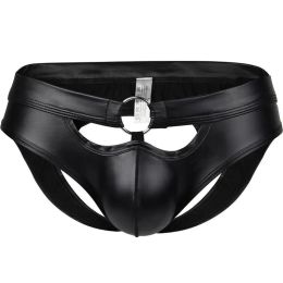 Sexy Gay Underwear Men G-string & Thongs Hollow Back Jockstrap Black Faux Leather Panties Man Lingerie Erotic Penis Underpants