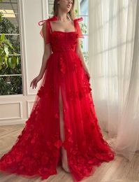 Aileen Red Tulle Prom Gowns For Women 3d Flower Spaghetti Strap Long Evening Dresses Prom Party Bridesmaid Gowns 2023
