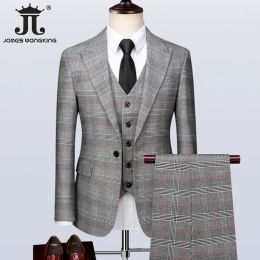 Pants ( Blazer + Vest + Pants ) Highend Brand Grey Plaid Mens Formal Business Office Suit Threepiece Groom Wedding Dress Party Suit