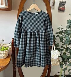 Girl Dresses 2024 Girls Plaid Dress Fashion Spring Full Sleeve Cotton Linen 2-8 Years PP695