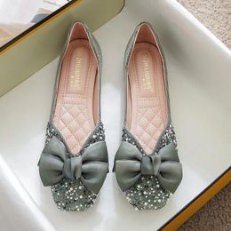 Casual Shoes Clear Beading Bowknot Women Flats Luxury Pearl Rivets Ballerina Soft Bottom Espadrilles Female Bow Moccasins Big Size 43