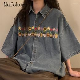 Women's Blouses American Embroidered Washed Distressed Large Size Short-sleeved Denim Shirt Women Loose Casual High Street Shirts Male
