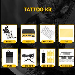 Complete Tattoo Machines Kit with Coils Tattoo Gun Power Supply Needles Grips Set Body Art Tools Set Permanent Makeup Tattoo Set