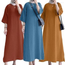 Party Dresses Summer Women Short Sleeve Striped Dress Muslim Casual Abaya Kaftan Arab Robe Gown Ladies Clothes S-2XL