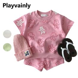 Shorts Korean Summer Clothing Set Round Collar Short Sleeves Pink White Green Tshirt+Shorts for Girl Boy Unisex Baby Clothes E1171