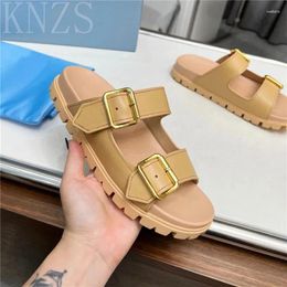 Slippers Summer Round Toe Genuine Leather Thick Sole Flat Heel Woman Belt Buckle Open-Toes Concise Casual Beach Shoes 2024
