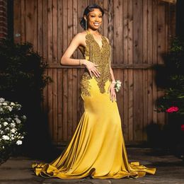 Gold Velvet Mermaid Prom Dresses for Black Girl 2024 Luxury Beades Plus Size Formal Evening Occasion Gown vestido boda invitada