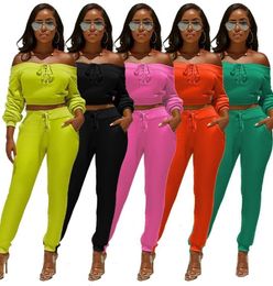 Spring Fall Women 2 Two Piece Set Long Sleeve Off Shoulder Shirt Leggings Pocket Pants Outfits Suit Bandage Elastic Waist Trousers9472872