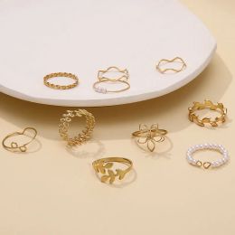 Bohemian Wave Flower Pearl Rings Set For Women Trendy Vintage Geometric Butterfly Metal Chain Knuckle Rings 2023 Jewelry Gift