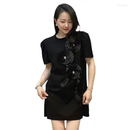 Women's T Shirts Women T-Shirt Short Dress Beading Summer Long Tees Large Size Casual Loose Sleeve Clothes