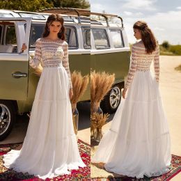 2024 Bohemia Wedding Dresses Long Sleeves Lace Appliques Bridal Gowns Custom Made Button Back Sweep Train A Line Wedding Dress