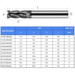 SHAZAM HRC50 4-Flute 1.0mm-8.0mm 10-piece/set Milling Cutter Tungsten Steel Carbide Nano Coating CNC Machine Flat End Mill Tools