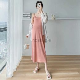 Maternity Dresses 2024 Summer Maternity Strap Dress Solid Colour Sleeveless Pregnant Woman Fashion Beach Dress Long Loose Pregnancy Lining Dresses 24412