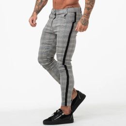 Pants GINGTTO Mens Chinos Trousers Grey Plaid Chinos Skinny Pants for Men Side Stripe Stretchy Best Fitting Athletic Body Building 359