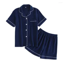 Home Clothing Navy Blue Crape Cotton Short Pyjamas Sets Women Summer Sexy Pure Colour Pijamas Mujer Pyjamas Casual Loungewear