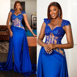 2024 African Prom Dresses for Black Women Promdress Cap Sleeves Illusion Mermaid Appliqued Beaded Lace Birthday Party Gowns Evening Dresses for Occasions AM672
