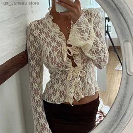 Women's T-Shirt hirigin Elegant Women Summer Lace Floral Tops Flare Long Slve Tie Front Shr Slim Crop Cardigan Clubwear blusa mujer moda T240412