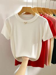 Women's T Shirts Women Summer Short Sleeve T-shirt Korean Fashion Pearl Button Basic Knitwear Beading Elegant Vintage Tops B44