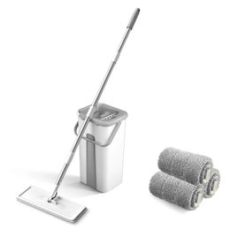 Microfiber Mop with Bucket Floor Cleaning Squeeze Hand Free Washable Pads Reusable Dust Mops Soft Refill 240412