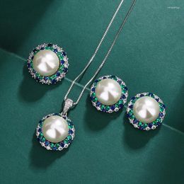 Necklace Earrings Set Korean Fashion White Pearl Pendant Silver Needle Emerald Crystal Rings Women's Jewelry Pure Elegant Accessory