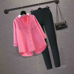 Womens Casual Sets Oversized Cotton Shirts Solid Long Sleeve Streetwear Top Blouse Sweet Loose Elastic Waist Pencil Pants Suit 240410