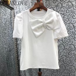 Women's T Shirts OCEANLOVE Spring Summer Bow Shirt For Women Solid Korean Fashion Sweet Ropa De Mujer Short Sleeve Vintage Casual Tees