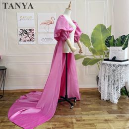 Pink Taffeta Wedding Cloak Puffy Sleeves Ruffles Back Long Bride Evening Cape With Train Bridal Coat Accessories Jacket Bolero