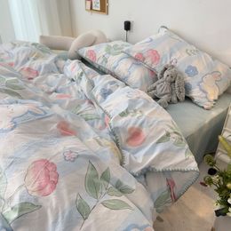New INS Little Flower Cute Duvet Cover Flat Bed Sheet with Pillowcases Floral Double Size Bear Bed Linen Boys Girls Bedding Set