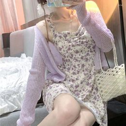 Work Dresses Woman Autumn Sweater Cardigan Sunscreen Shawl Thin Jacket Coat And Sleeveless Floral Print Two Piece Elegant Suits G174