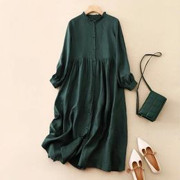 Casual Dresses 2024 Vintage Shirt Dress Ruffles Stand Collar Single-breasted Women Party A-Line Holiday Beach Sundress Robe Femme