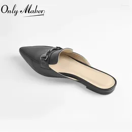 Casual Shoes Onlymaker Summer Slip-On Flat Sandals Matte Black Soft PU Leather Metal Decoration Pointed Toe Slipper For Women Big Size