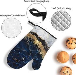 Navy Blue Marble Gold Abstract Oven Mitts and Pot Holders Sets of 4 Kitchen Potholder Gloves Heat Resistant Non-Slip for Cooking
