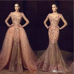 Tony Chaaya 2024 Prom Dresses Long Sleeves Flower Embroidery Beaded Mermaid Overskirts Evening Gowns Sexy Plus Size Custom Made Formal Dress