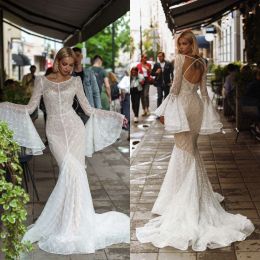 2024 Lace Wedding Dresses Long Sleeves Appliques Beads Sequins Bridal Gowns Custom Made Open Back Sweep Train Mermaid Wedding Dress