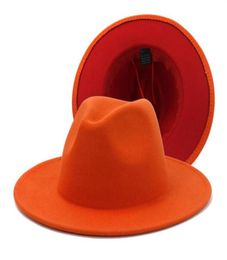 New Orange with Red Fedora Hats Women Whole Faux Wool Wide Brim Two Tone Jazz Hat Men Panama Party Wedding Formal Hat249P15487731211253