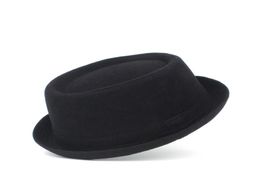 100 Wool Men Pork Pie Hat For Dad Winter Black Fedora Hat For Gentleman Flat Bowler Porkpie Top Hat Size S M L Xl Y190705038912274