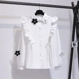 Women's Blouses Plus Size Women Spring And Autumn 2024 Slimming High-end Sweet Girl Design Top Flower Decor Office Lady Fashion White Shirt