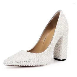 Dress Shoes White Pearl Women Evening Pointed Toe Chunky Heels Slip On Wedding Party Bride 10CM Drop