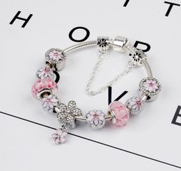 925 Sterling Silver Pink Murano Glass Beads Charm Cherry Blossom Bracelet Chain Fit P European Bracelet Jewellery Making Bangle DIY Daisy Pendant Women7872785