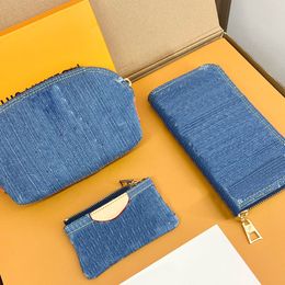 Cowboy Wallet Long Purse Blue Key Chain Shell Handbag Cosmetic Bag Denim Wallets Zipper Closure Old Flower Letters High Quality