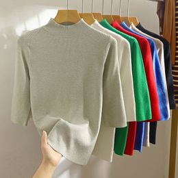 Summer 2023 New Blue Half-sleeved Sweater Semi-turtleneck Knit Undershirt Slim Thin Short-sleeved Chic Top Knitted T-shirts