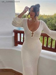 Basic Casual Dresses 2024 Summer Female Party Beach Robe Elegant Women Knitted Dress Strtwear Sexy V-neck Hollowe Out Long Slve Knit Vestidos T240412