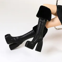 Boots MKKHOU Fashion Over-the-knee Women High-Quality Square-Toe Thick-Heeled 14cm High-Heeled Winter Cold Warm