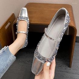 Dress Shoes 2024 Fashionable Spring And Autumn Square Head Spliced Sequin Shallow Mouth Buckle Women's Casual Simple High Heels