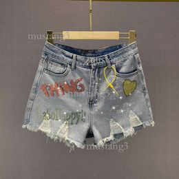 European Station Letter Hot Diamond Jeans Shorts Women's Fashion Summer New High Waist Slimming Ragged Edge Wide Legged Pants