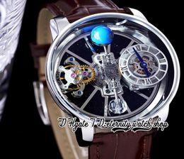 BZF Astronomia Tourbillon Swiss Quartz Mens Watch 316L Stainless Steel Case Sky Skeleton 3D Globe Dial won039t spin Brown Lea7899054