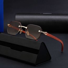2024 New Designer Sunglasses Trendy Brand Glasses Cut Edge Frameless Men Imitation Wood Grain Mirror Legs Sunglasses for Men Outdoor Driving