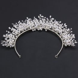 SLBRIDAL Handmade Baroque Crystal Rhinestones Pearls Bridal Tiara Headband Wedding Crown Hair Accessories Women Girls Jewelry